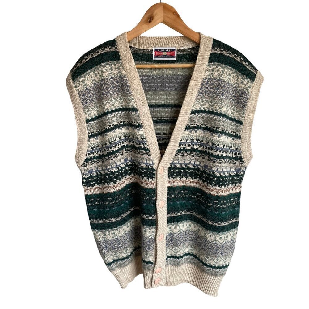 Vintage Fine Line Grandpa Dad Sleeveless Sweater Vest Green Beige Large